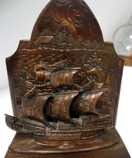 1920s Antique Cast Iron Sailing Ship Bookends Trees. Houses - Pair (2) Nautical 