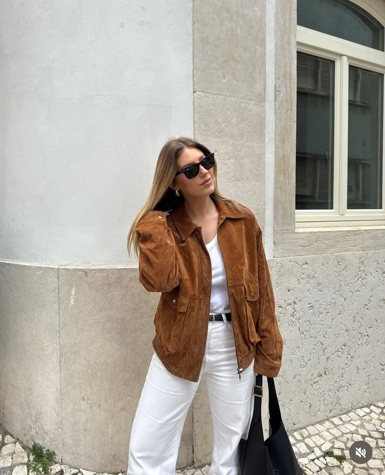 ZARA NEW WOMAN 100% SUEDE BOMBER JACKET WITH POCKETS DARK CAMEL 4341/871/751 - Image 3 of 4