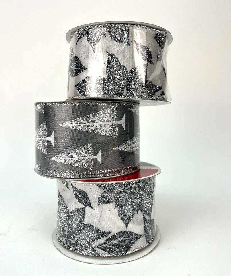 Christmas Holiday Wired Ribbon 2.5"x 25' Silver Glitter White NEW lot of 3 - Image 2 of 4