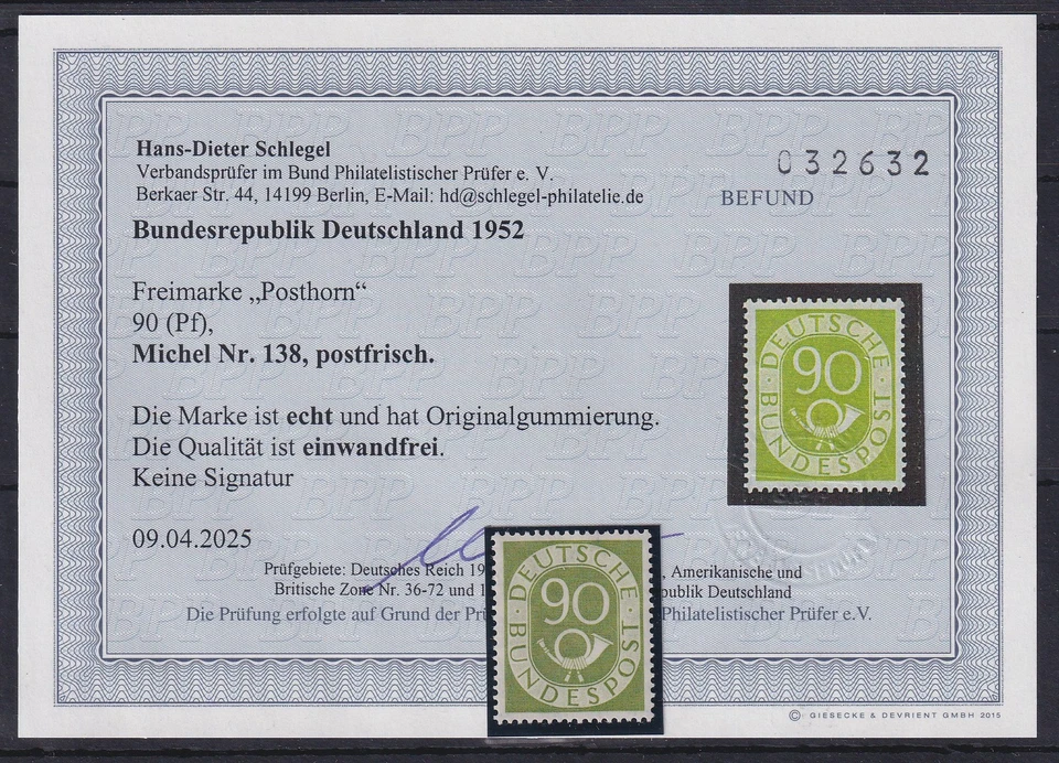 Bundesrepublik Posthornsatz 90Pfg-Wert Mi.-Nr. 138 postfrisch ** Befund Schlegel - Bild 1 von 1