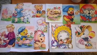 12 Vintage Child's Easter Cards Die cut 1950s Colorful Graphics Bunnies...