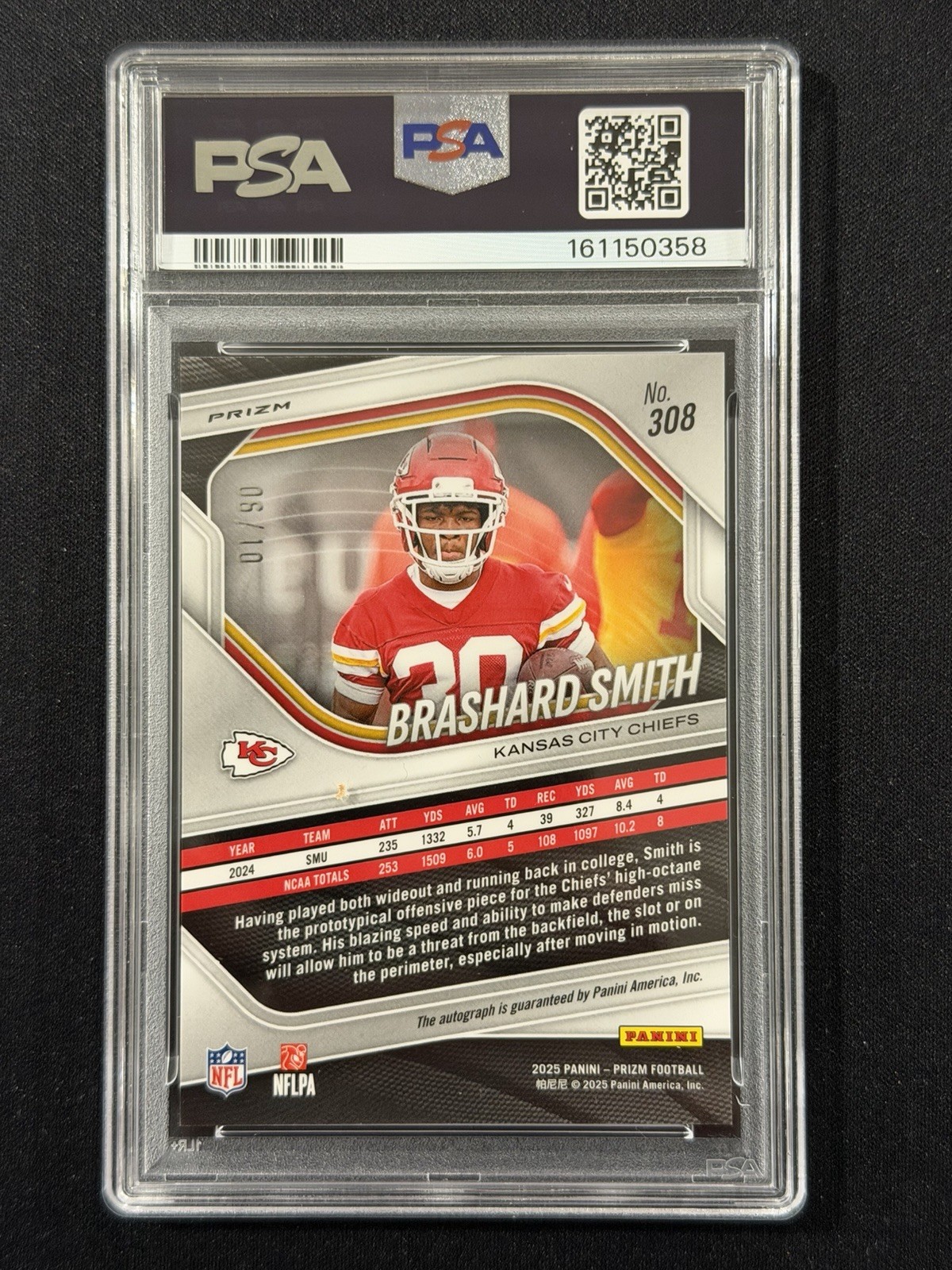 2025 Panini Prizm Brashard Smith Chiefs Rookie Gold Prizm Auto PSA 8 #308 /10 view 2