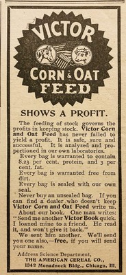 1900 AD.(XH82)~AMERICAN CEREAL CO. CHICAGO. VICTOR CORN AND OAT FEED