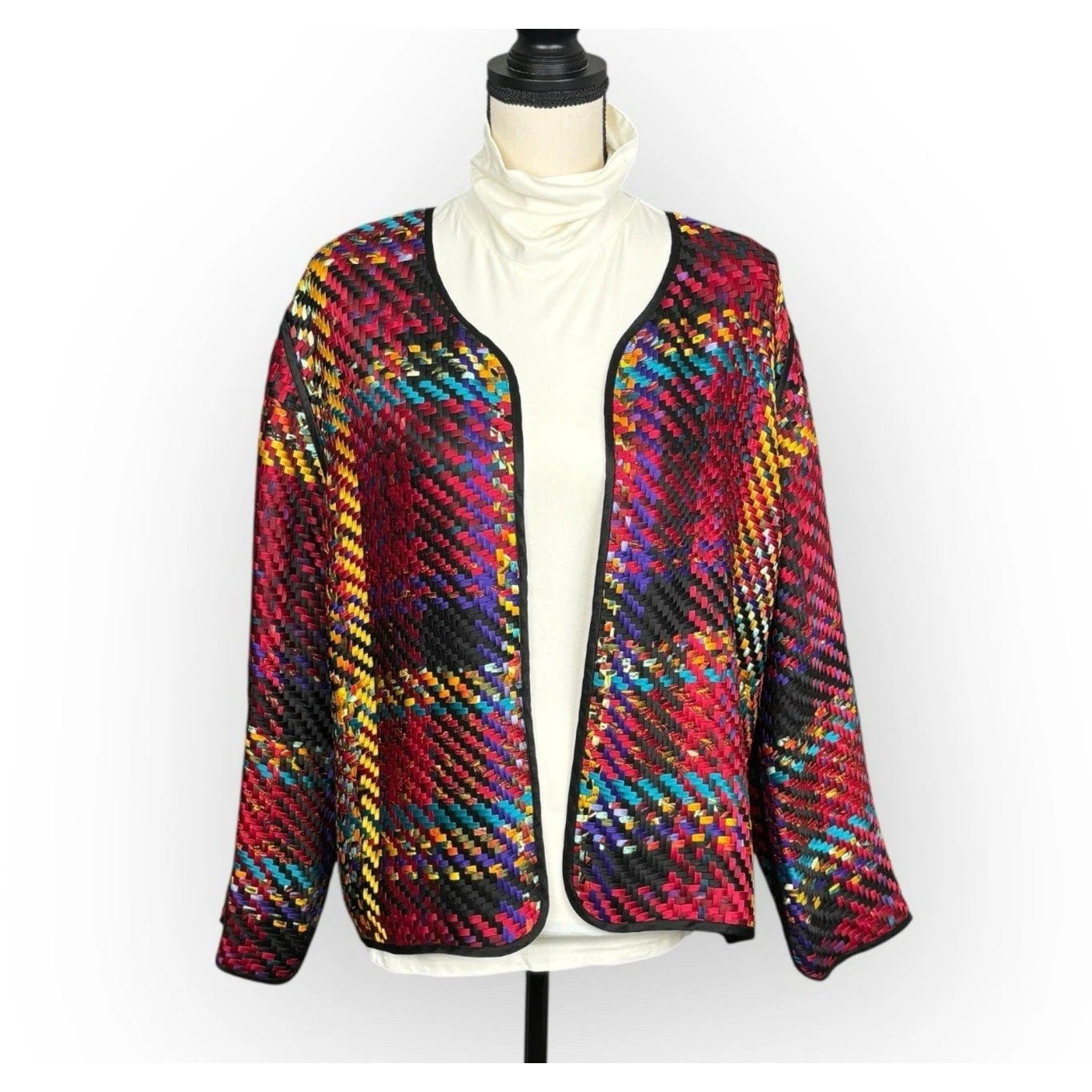 Chicos Artsy Silk Plaid Weave Open Front Blazer Womens 2 L Chic Boho Maximalist