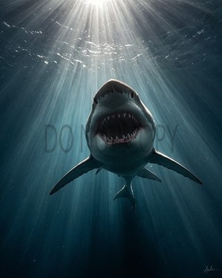 Great White Shark Underwater Ocean Sunrays Jaws Digital Art Print