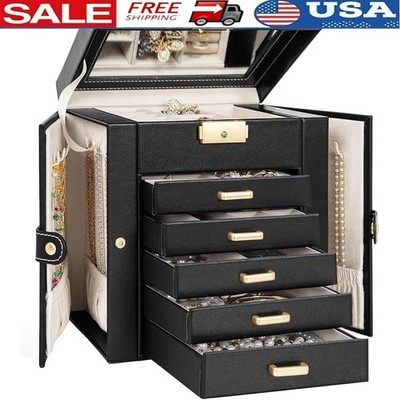 Jewelry Box Organizer Faux Leather W/ Lock Built-in Mirror Ring Earring Storage