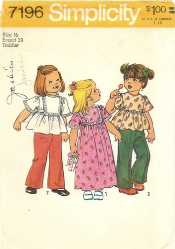 Simplicity # 7196 Sewing Pattern: Toddlers' Dress Or Top And Pants; Size 1/2 Cut