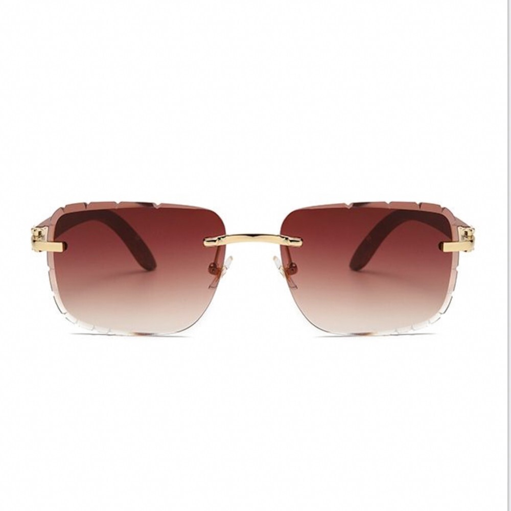 Mens Burgundy Gradient Tint Rimless Gold Frame Woodgrain Gem