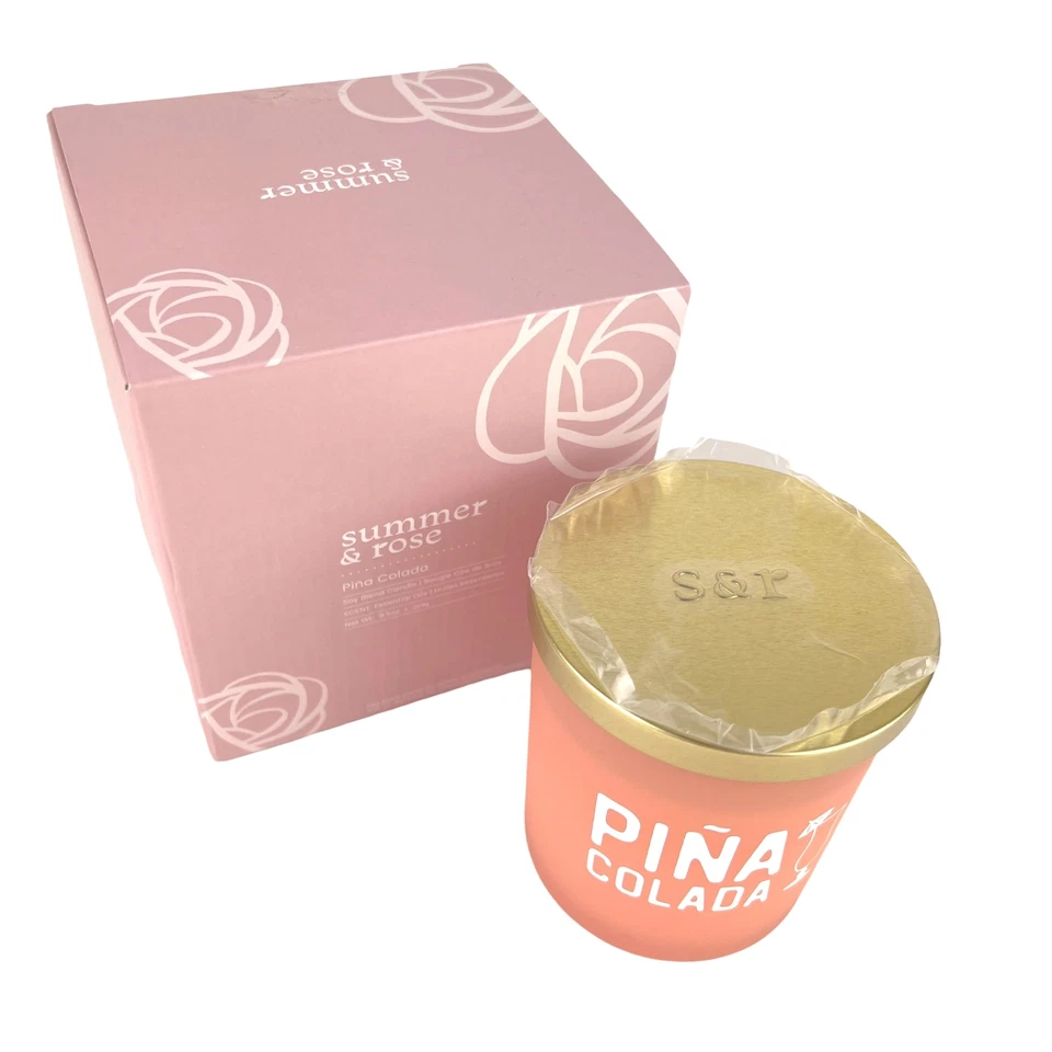 Vela Verano y Rosa Mezcla Soja Piña Colada Aroma Melocotón Salmón Vidrio Tapa Dorada Nueva Foto 2 de 2