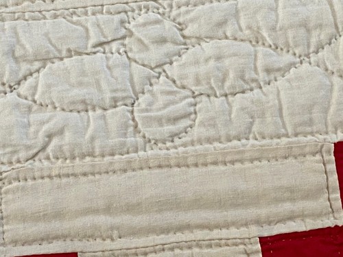 Fantastica Trapunta Vintage Blocco Nove Patch Cucita a Mano Casale Rosa Rosso 77" x 89" - Foto 10 di 21