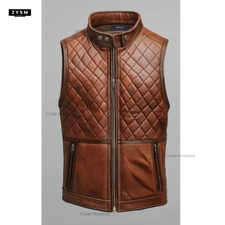 Men’s Brown Quilted Leather Vest- Pockets Motorcycle Vest Biker Cafe  -S to 5XL