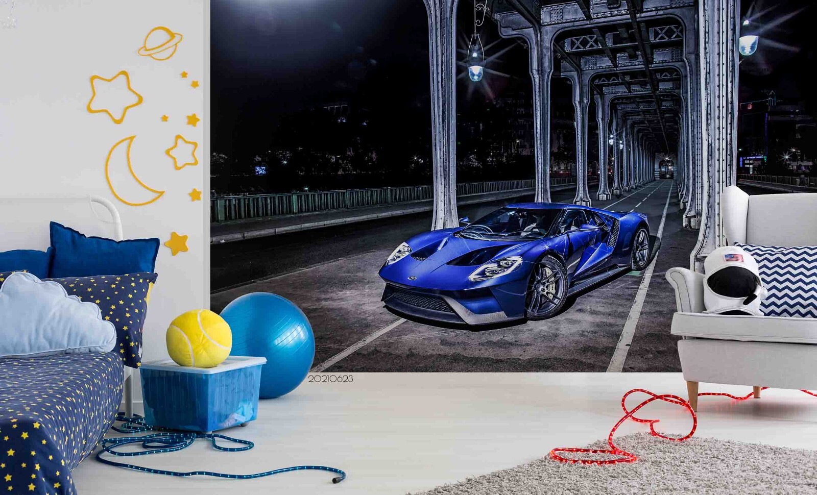 3D City Building Blue Car Self-adhesive Removable Wallpaper Murals