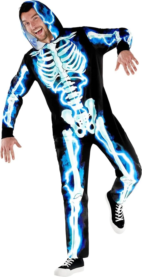 Mono Esqueleto Eléctrico Para Hombre + Capucha Adulto Marco Hueso Azul Disfraz de Halloween Foto 3 de 4