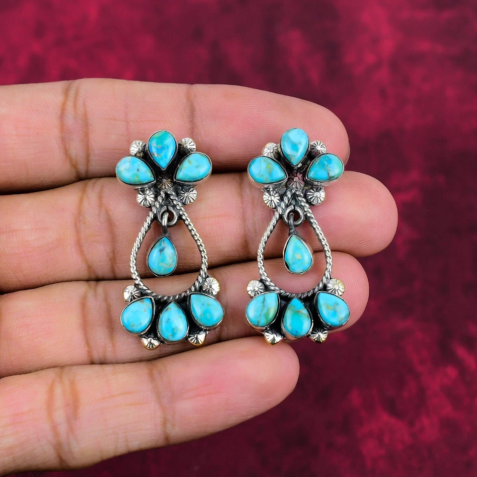 Ювелирные изделия серьги ручной работы из серебра 925 пробы с тибетской бирюзой и драгоценными камнями - Изображение 3 из 4