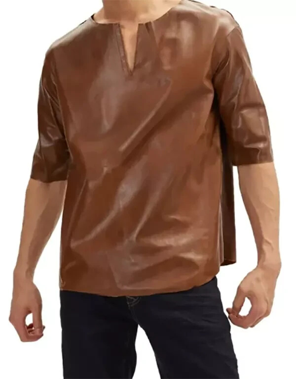 Men's Real lambskin Leather Short Sleeves Shirt Round Neck Collarless Tan Shirt