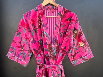 Indian Vintage Luxury Velvet Bird Print Bath Robe Kimono Dressing Gown Long Robe