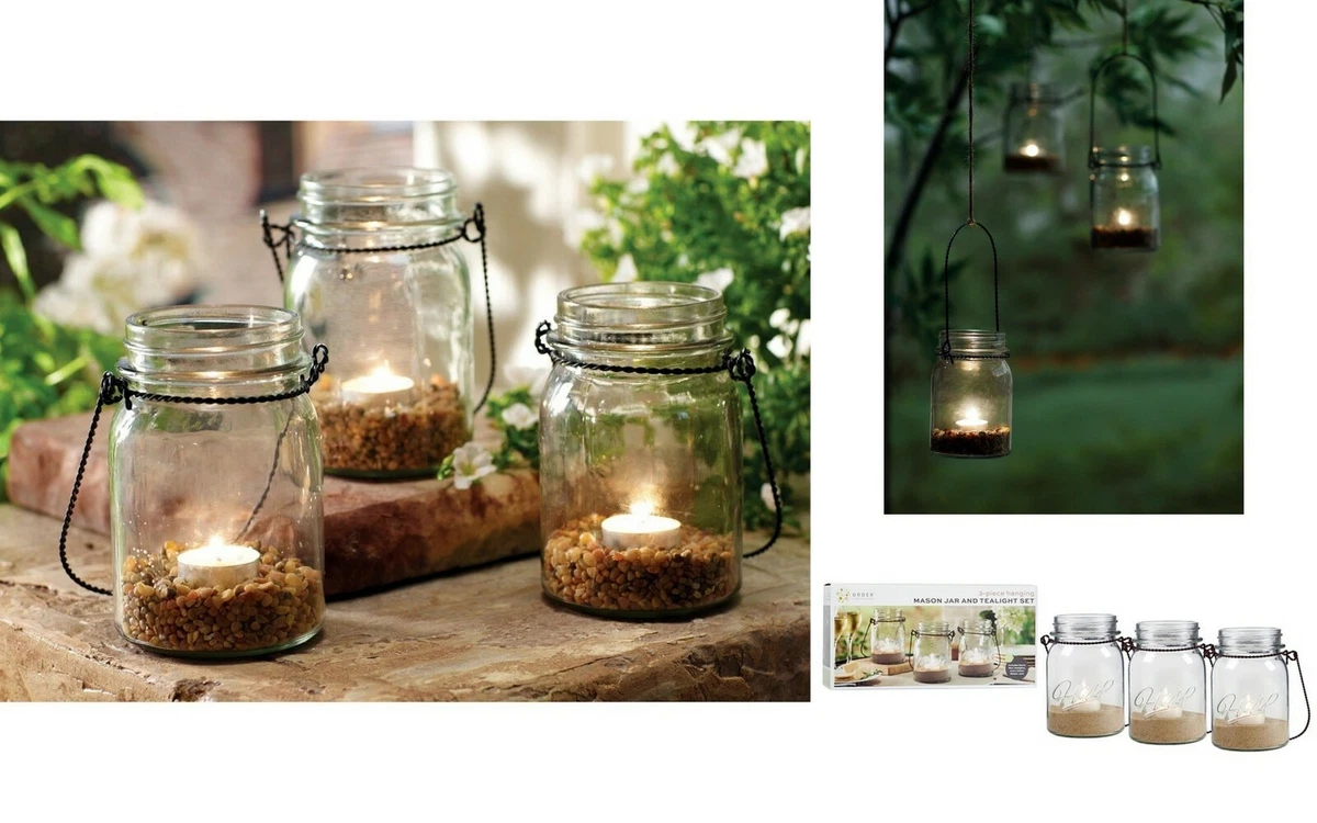 Order Home Collection 3 piece Hanging Mason Jar Tealight Set NEW