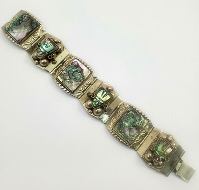 Vintage .925 Silver Bracelet 1940s Mexican Taxco Silver & Abalone 