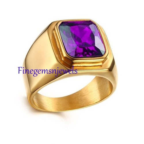 Naturale Ametista Gemma Con 925 Argento Sterling Placcato Oro Ring per Uomo #F29 - Foto 3 di 4