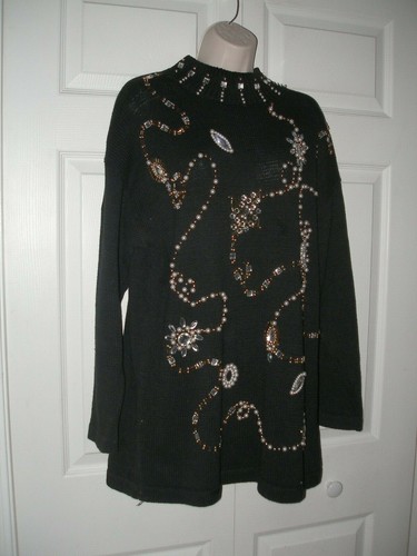 SML SPORT LTD Vintage Women's Bulky Dressy Sweater Black Rhinestone & Beaded New - Picture 9 of 12