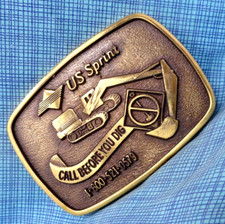 US Sprint Brass Belt Buckle Call Before You Dig Telephone Vtg 80s Jadco .NOX463