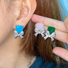 Women Cute Silver Plated Cubic Zirconia Bowknot Stud Earrings for Bridal Jewelry