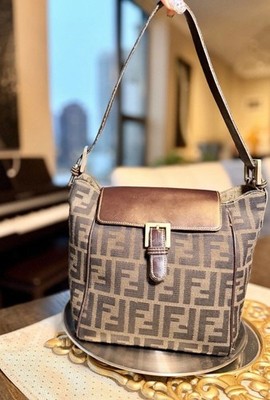   Authentic Fendi Zucca Shoulder Top Handle Crossbody Bag Canvas & Leather  FF