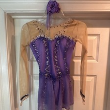 Girls Purple Rhinestone Ice Skating Skater Dress Mesh Long Sleeve Youth Large