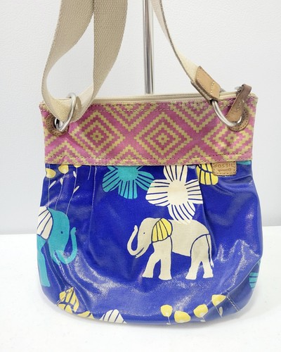 Vintage Fossil Key Per Elephant Purse Print Large Coated Canvas Crossbody Bag - Picture 2 of 6