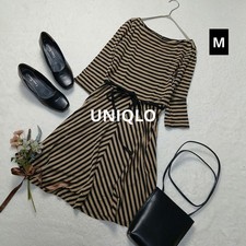 UNIQLO Flare Dress Beige & Black 3/4 Sleeve Ribbon M Used