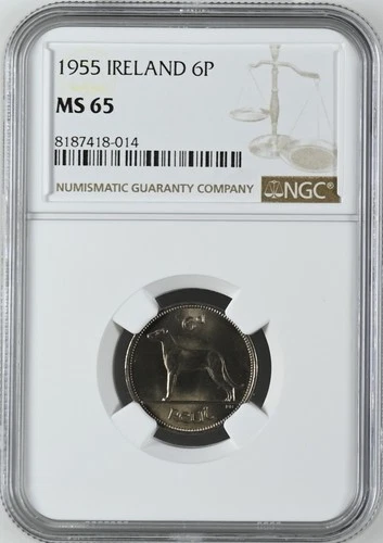 IRELAND 6 Pence 1955 NGC MS65 Irish Wolfhound