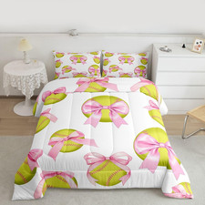 Cute Softball Comforter Set Queen, Pink Bowknot Bedding for Kids  Teens