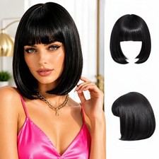 Black Bob Wig with Bangs, Short Synthetic Wig, Glueless Bob Wig for Women