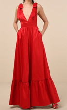 NWT Lulus Red Taffeta Maxi Dress S Tie Strap V-Neck Gown Formal Holiday Pockets