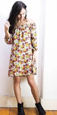Free People On Or Off Shoulder Belted Mini Dress M Floral Puff Sleeve Peasant