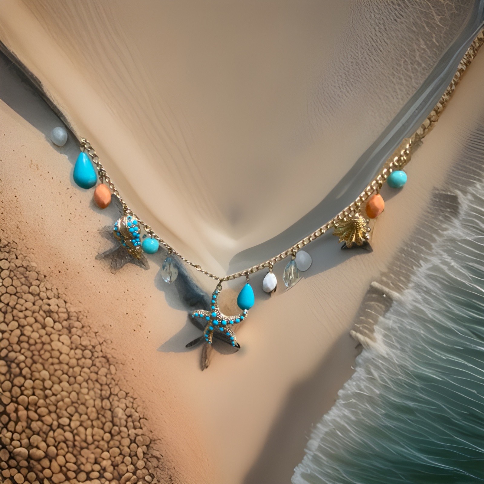 Seashell Nautical Statement Gold Tone Necklace. N… - image 1