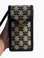 Authentic CELINE Triomphe Canvas Phone/Cosmetic Leather Flap Strap Bag In Navy