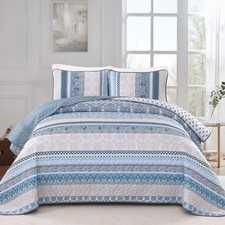 WONGS BEDDING Boho Quilt Set King Size, Light Blue Bohemian 3 Pieces Quilt
