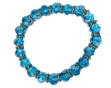 Aqua Blue Faceted Glass Bead Stretch Bracelet Gold Tone Spacer Boho Jewelry