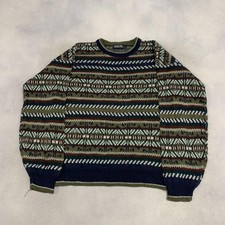Vintage Abstract Knitted Jumper Patterned Grandad Chunky Knit Sweater Men's L