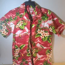 RJC Mens Hawaiian Short Sleeve Button Down Shirt Size Large Red Florals Island 