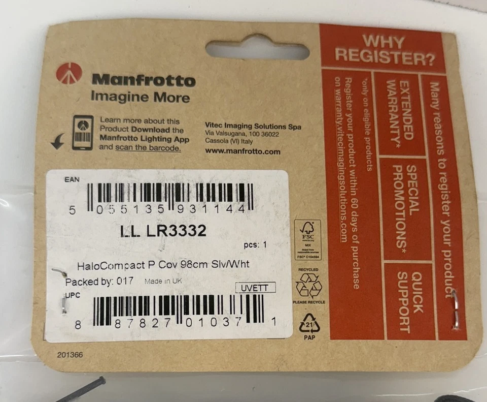 Cubierta Manfrotto HaloCompact Plus 98 cm (38"") plateada/blanca LL LR3332 Foto 2 de 4