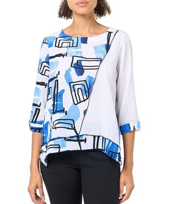 Ali Miles Textured Woven Top S Abstract Print Scoop Neck 3/4 Sleeve Gauzy NEW