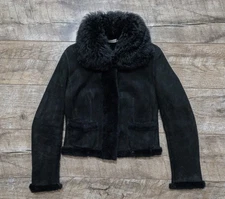 Trussardi Lamb Leather Jacket Womens Size 40 Black Fur Skin Coat Shearling