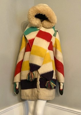 VTG Hudson s Bay Point Blanket Striped Wool Coat Hooded Parka w/Scarf & Mittens