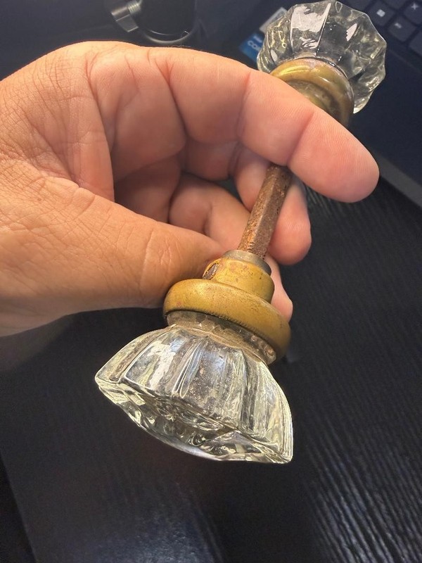 Vintage Door Knob Clear Glass Crystal 12 Point set w/ Brass Spindle