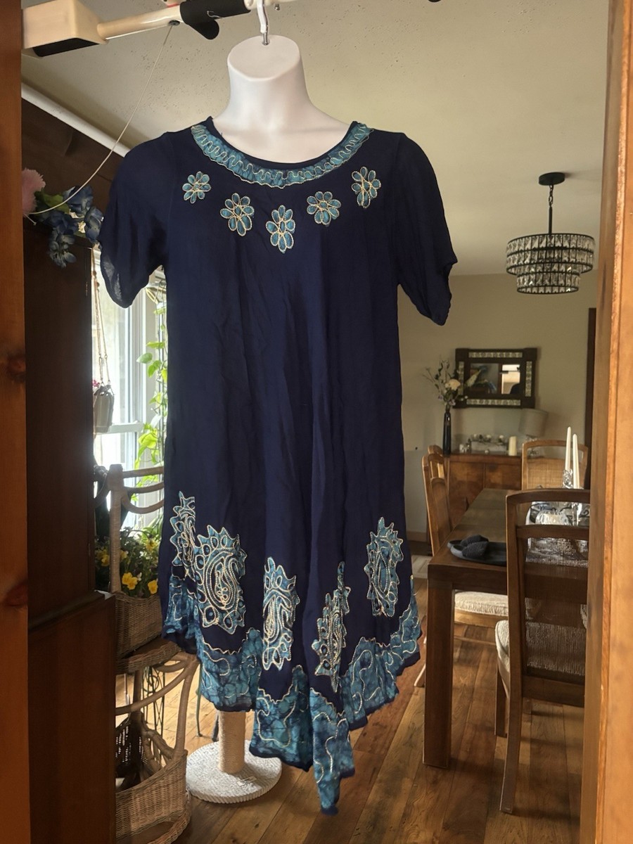 sr fashion dress SR Fashion Boho Women’s Navy Blue Embroidered Short Sleeve Tunic Dress F/S
