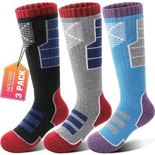Kids Merino Wool Ski Socks 3 Pairs Girls Boys 4-7 Years Black / Grey / Blue B