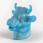 Vtg Blue Milk Slag Glass Bulls Head Bull Mustard Dish Covered Condiment Cow