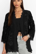 Johnny Was Black Fleur du Jour Embroidered Kimono Tie Front Sheer Whimsigoth XS